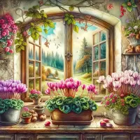 Пазл Цветы на окне