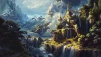 Puzzle Castle on mountain waterfalls