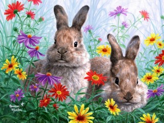 Пазл «Кролики в цветах»
