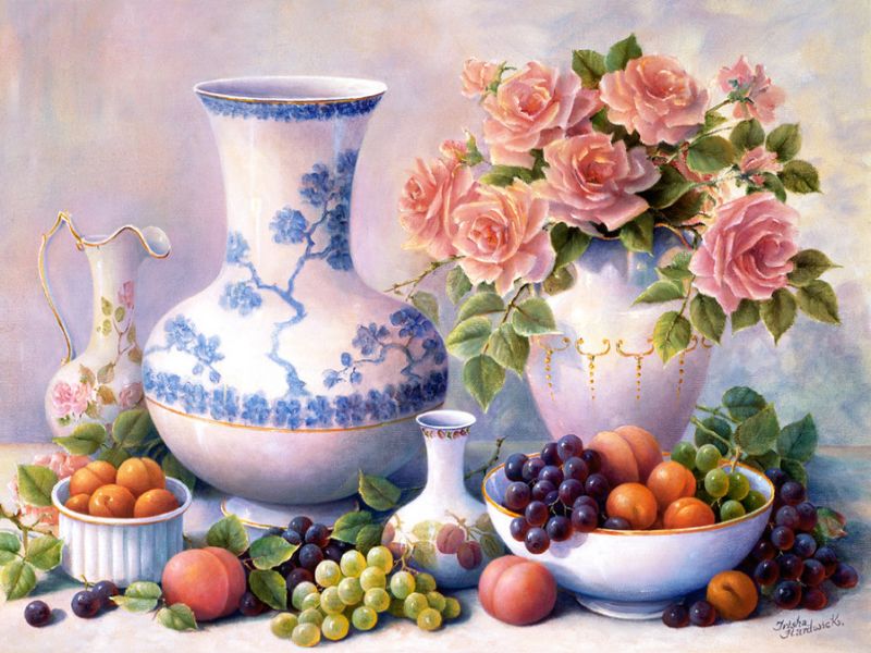 Пазл Натюрморт с розами и вазой