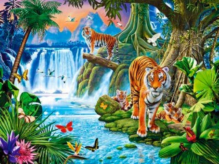 Пазл «Тигры у водоёма»