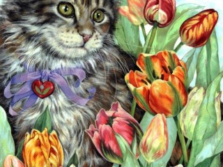 Пазл Кот и тюльпаны